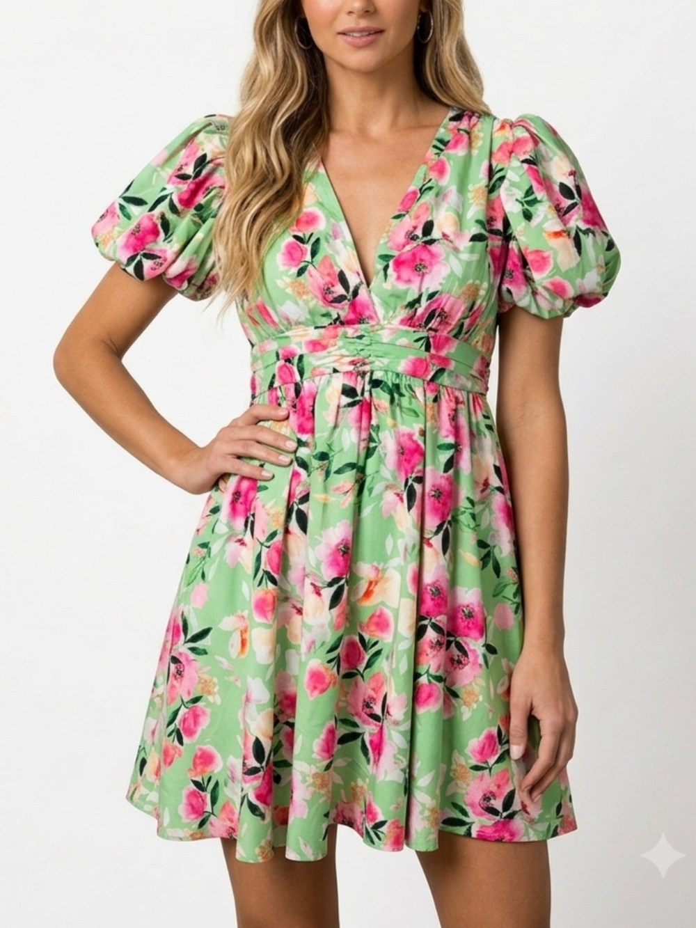 Shein Floral Puff Sleeve Babydoll Mini Dress Size XS 2 Green V-neck Cottagecore